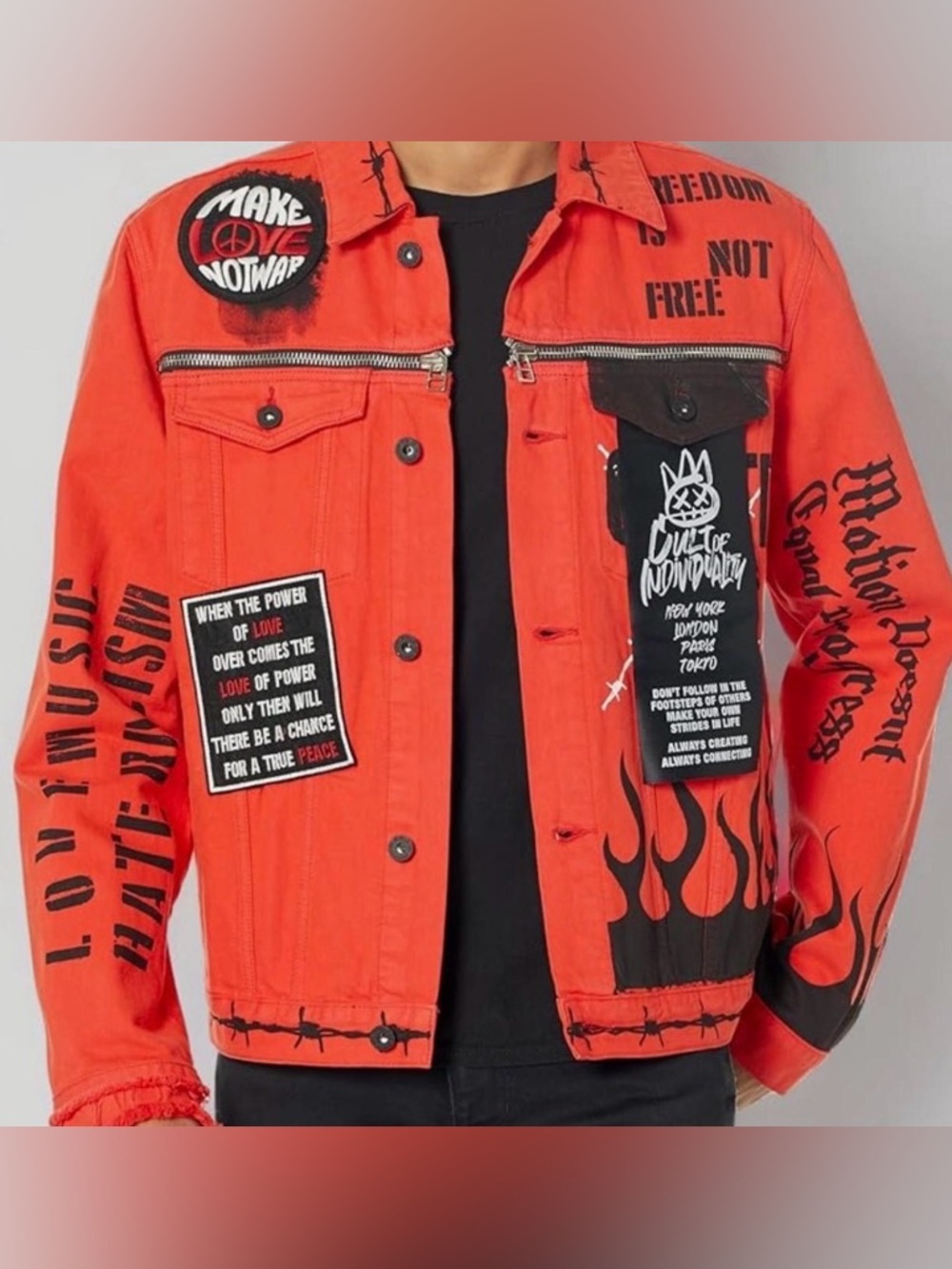 Cult of Individuality Orange Graphic Patch Bomber Jacket